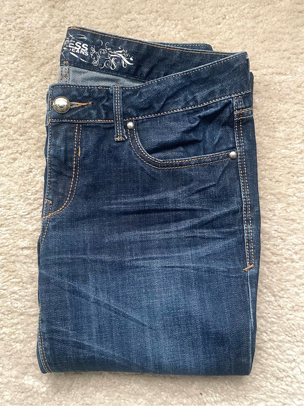 Express Dark Blue Flare Jeans with Subtle Fading size 4R